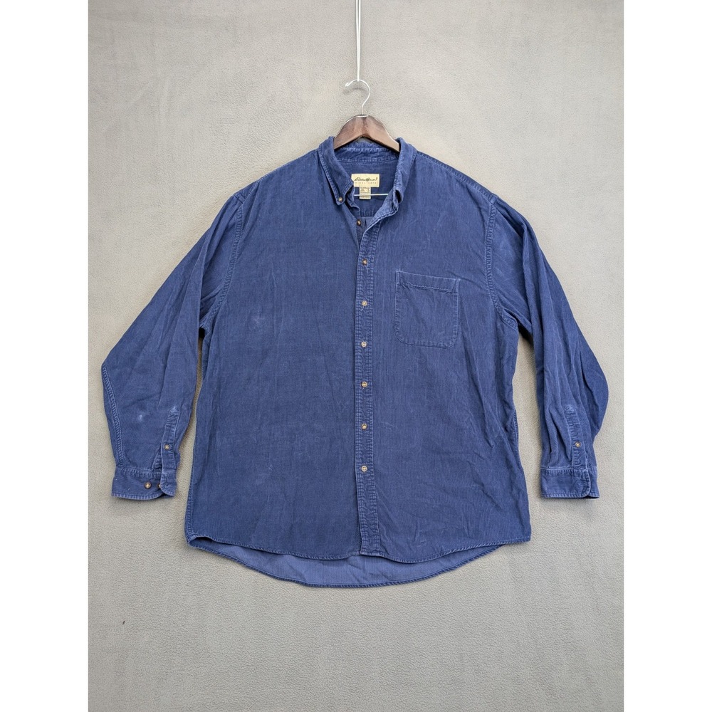VINTAGE Eddie Bauer Shirt Mens XLT Tall Blue Solid Corduroy Casual Button 90s